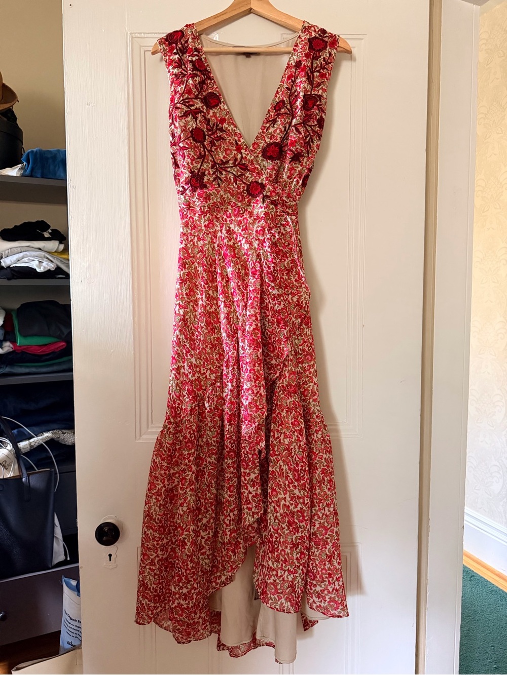 Feminine and Flowy Anthropologie Ranna Gill embroidered wrap dress, high/low